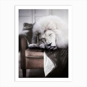 White Lion Sleeping On Sofa 1 Art Print