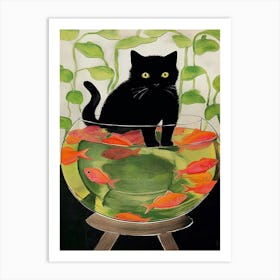 A Fluffy Black Cat And Goldfish In A Bowl Illustration Matisse Style Art Print