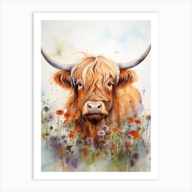 Highland Cow In Wildflower Field Watercolour 2 Art Print