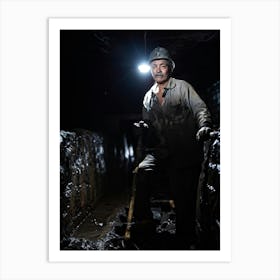 Old Miner Face Smeared With Coal Hard At Work In A Dimly Lit Coal Shaft At Night Beams Of Light O Art Print