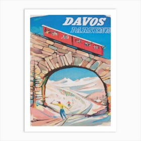 Davos Switzerland, Vintage Travel Poster, Red Tram, Winter Wall Art Art Print