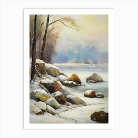 Ancient landscapes, old winter oil paintings and rocks around the lake bank. Snow is falling on the lake, old colors.1 1 Art Print