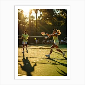 Tennis Match Captured In Natural Light Dynamic Action Shot Players Poised Mid Strike Sun Casting (2) Art Print