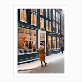 Amsterdam cafes, winter season, Christmas, autumn oil colors, pale colors, pedestrians in the street, winter clothes, falling snow.10 1 Art Print