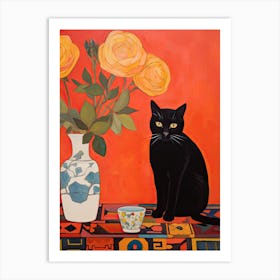 Rose Flower Vase And A Cat, A Painting In The Style Of Matisse 8 Art Print