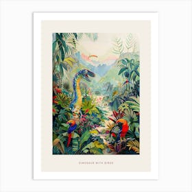 Dinosaur With Wild Birds Colourful Poster Art Print