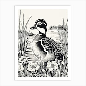 B&W Bird Linocut Wood Duck 4 Art Print