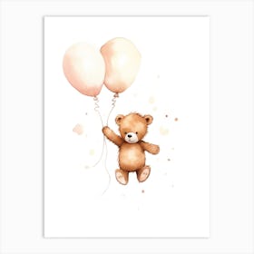 Baby Bear Flying With Ballons, Watercolour Nursery Art 1 Art Print