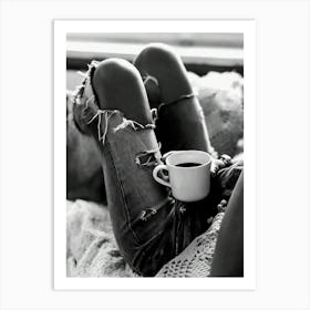 Woman Drinking Coffee In Bed Black And White Fashion Photography Art Print