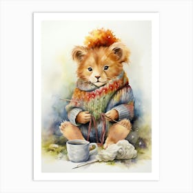 Knitting Watercolour Lion Art Painting 3 Art Print