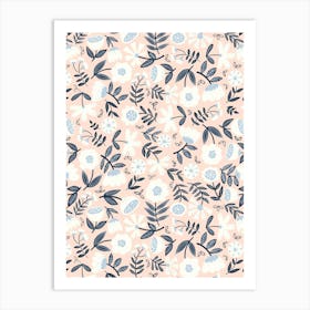 Cute Soft Scattered Scandi Florals Peach, White, Navy Blue Art Print