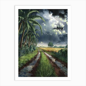 Anime Canvas Art: Rainy Rural Landscape with Storm Clouds, Palm Trees, and a Reflective Muddy Path, Perfect for Lofi Aesthetic and Moody Nature Lovers. Art Print