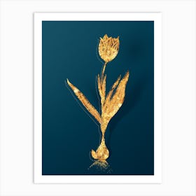 Vintage Tulip Botanical in Gold on Teal Blue n.0136 Art Print