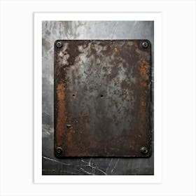 Close Up View Of A Vintage Steel Plate Resting On A Grey Stone Table Surfaces Laden With Corrosion (1) Art Print