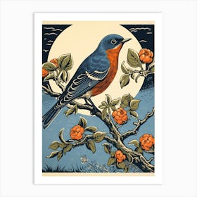 Vintage Bird Linocut Eastern Bluebird 4 Art Print