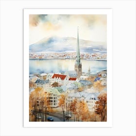 Reykjavik Iceland In Autumn Fall, Watercolour 4 Art Print