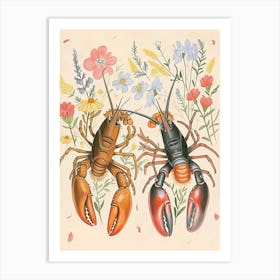 Folksy Floral Animal Drawing Lobster Art Print