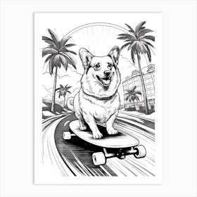 Corgi Dog Skateboarding Line Art 3 Art Print