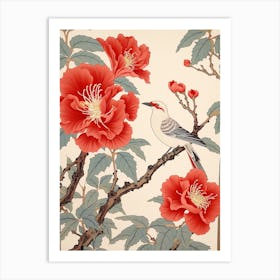 Camellia And Bird Vintage Japanese Botanical Art Print