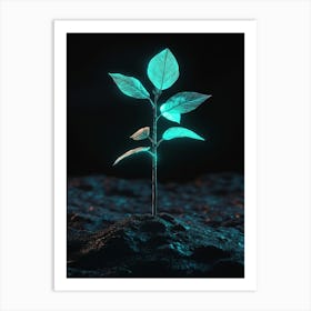 Small Green Plant On Dark Background Art Print