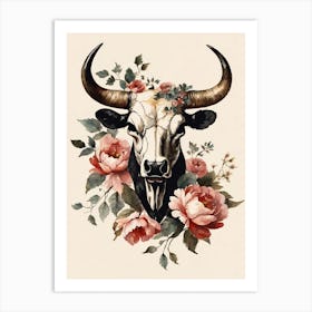 Vintage Boho Bull Skull Flowers Painting (11) Art Print