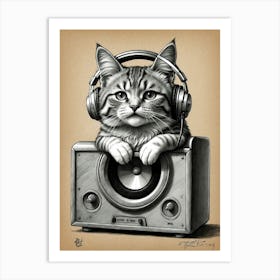 Cat Listening To Music Art Print