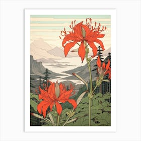 Higanbana Red Spider Lily 2 Japanese Botanical Illustration Art Print