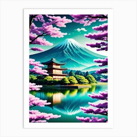 Japanese Cherry Blossoms Mount Fuji Japan Beautiful Lake Landscape 1 Art Print