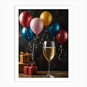 Glass Of Champagne With Balloons Art Print