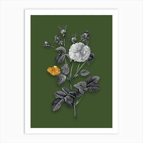 Vintage Pink Agatha Rose Black and White Gold Leaf Floral Art on Olive Green n.0430 Art Print