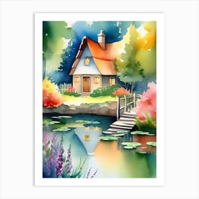 Watercolor House By The Pond Art Print