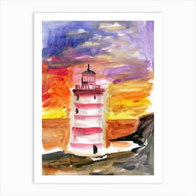 lighthouse watercolor painting hand painted sea seascep vertical orange yellow purple living room office Art Print