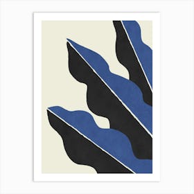 Colorblock Leaf Graphic Abstract Botanical Minimalist - Dark Blue Navy Black Art Print