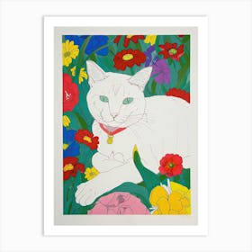 Cute White Cat With Flowers Illustration 3 Art Print