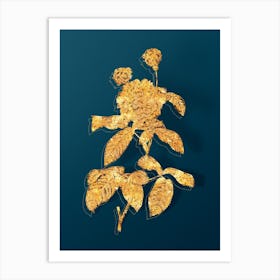 Vintage Agatha Rose in Bloom Botanical in Gold on Teal Blue n.0160 Art Print