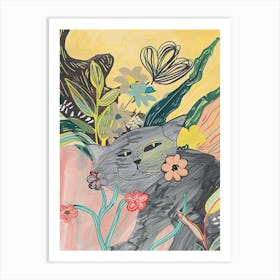 Cute Grey Cat With Flowers Illustration 1 Art Print