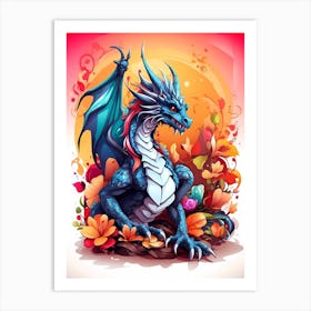 Blue Dragon With Flowers Art Print