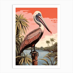 Vintage Bird Linocut Brown Pelican 2 Art Print