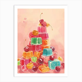 Rainbow Fruity Jelly Cubes Stacked Retro Illustration Art Print