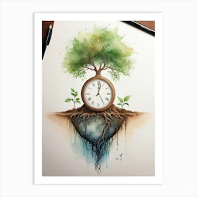 Tree And Clock Art Print