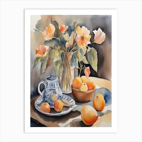 Watercolor Of Oranges And Flowers Art Print