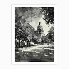 The Texas State Capitol Austin Texas Black And White Watercolour 1 Art Print
