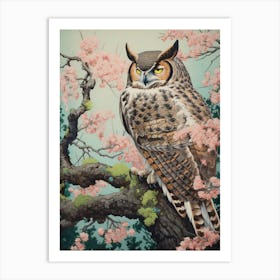 Ohara Koson Inspired Bird Painting Great Horned Owl 2 Art Print