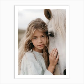 "Girl Admires White Horse" Art Print