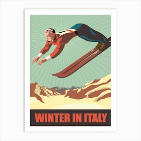 Winter In Italy, Man On Ski Jump Art Print