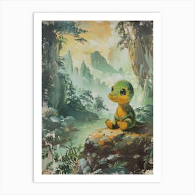 Cute Dinosaur Sitting In The Cliffs Storybook Style Art Print