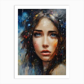 finding cosmic purpose of life, sad beautiful face brunette lot of tears, abstract realism Art Print