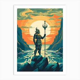 A Retro Poster Of Poseidon Holding A Trident 13 Art Print
