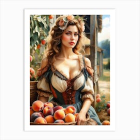 Beautiful And Alluring Blonde In Low Cut Dress With A Basket of Peaches 4 Art Print