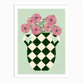 Peonies Pink And Green Checkered Vase Art Print